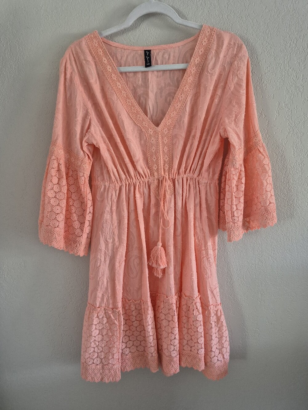 Peach Lace-Trim V-Neck Tunic Dress